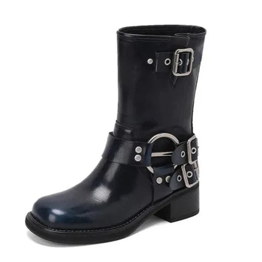 מגפי פאנק "רמיני" דמוי עור בעיצוב רטרו, עקב: 4 ס"מ, גובה: 26 ס"מ - נעלי אביגיל שחור / 35