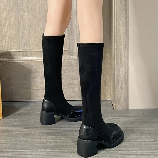 מגפי בד "מרטין" גבוהות עקב רחב - נעלי אביגיל