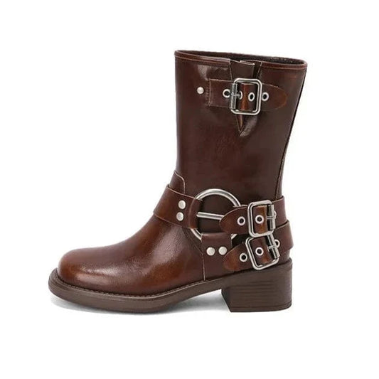 מגפי פאנק "רמיני" דמוי עור בעיצוב רטרו, עקב: 4 ס"מ, גובה: 26 ס"מ - נעלי אביגיל חום / 35