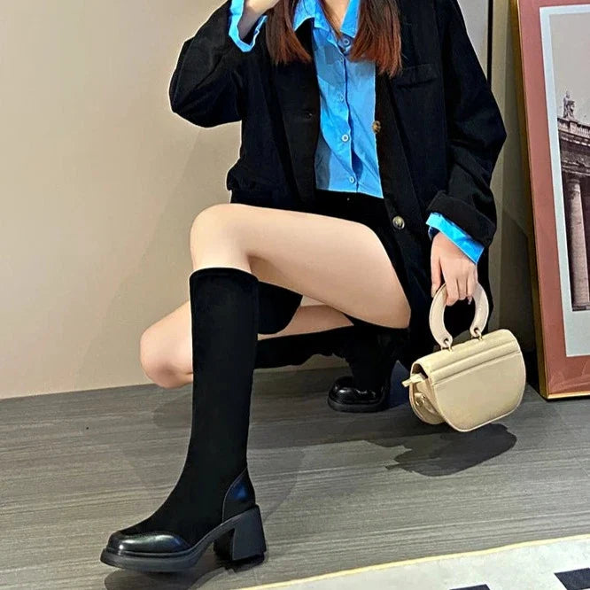 מגפי בד "מרטין" גבוהות עקב רחב - נעלי אביגיל